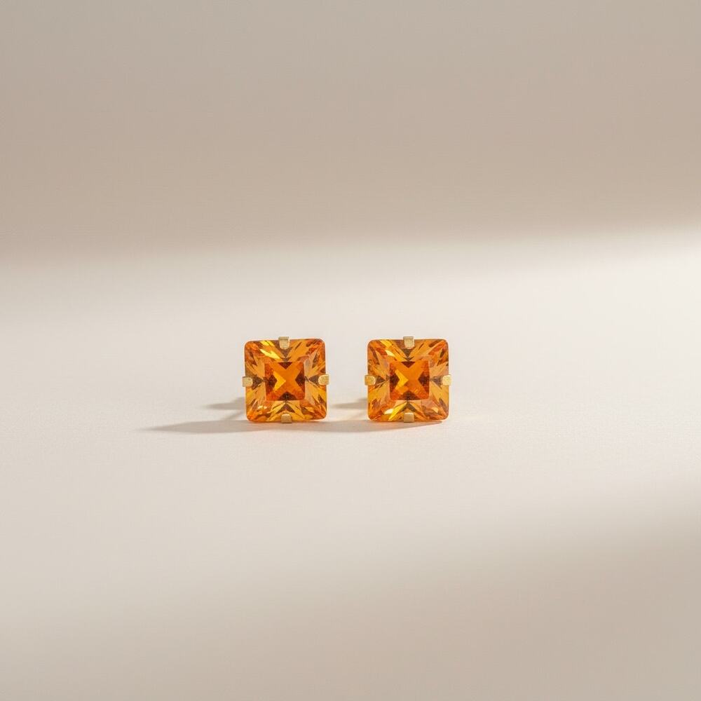 Solid 14k Real Yellow Gold 6.5mm Amber Colored CZ Stones Push Back Earrings